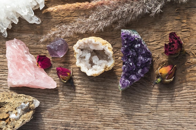 flat lay of multiple crystals and minerals