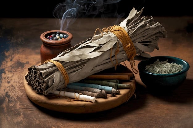 a set of incense cones and herbs for meditation laid out on table