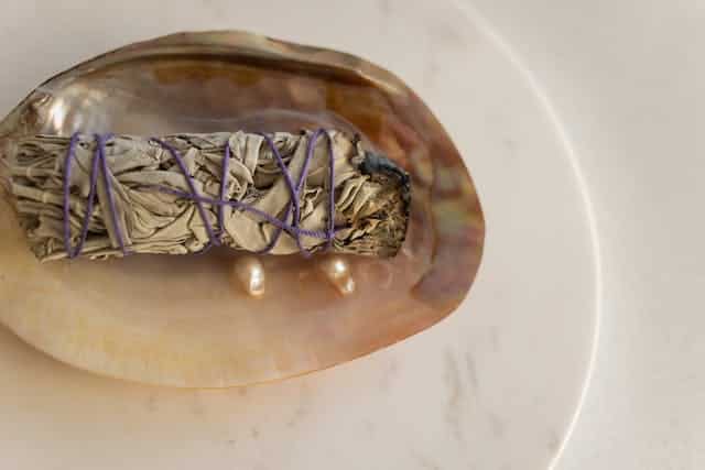burning-sage-on-a-shell-with-pearls
